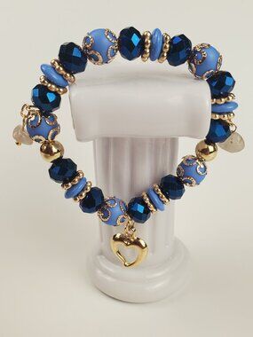 Blue Gold Heart Bracelet, Luxury Beaded Bracelet, Statement Charm Bracelet, Navy